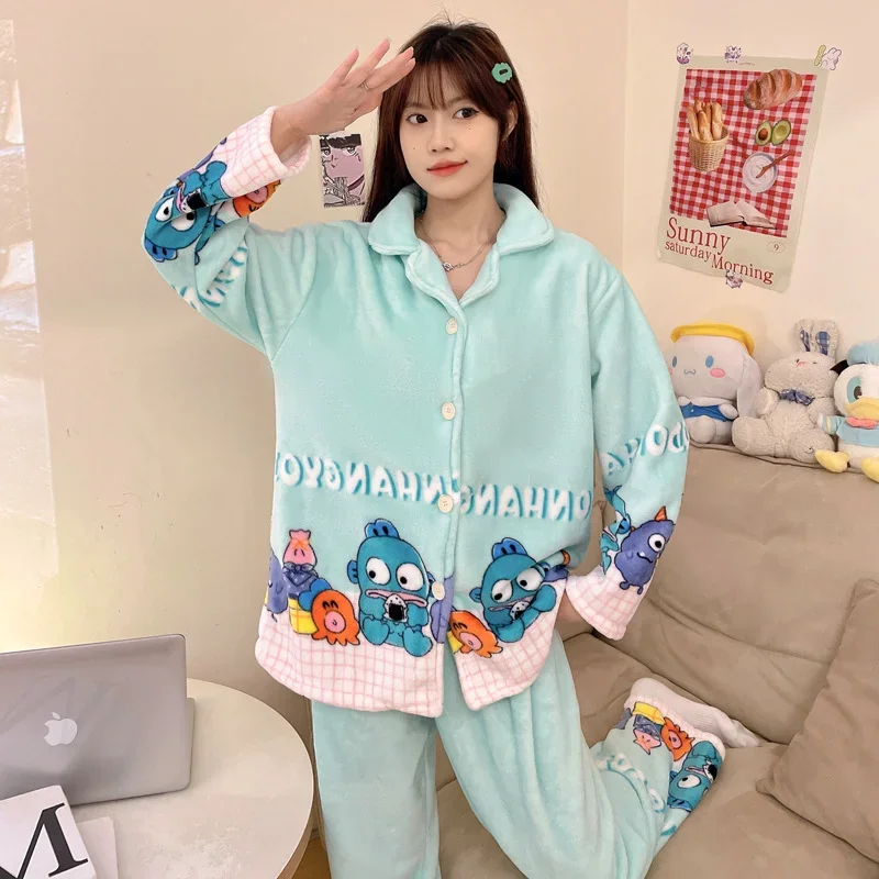 Sanrio autumn and winter Hanton ugly fish cute warm pajamas female cartoon thickened plush lapel cardigan loungewear set