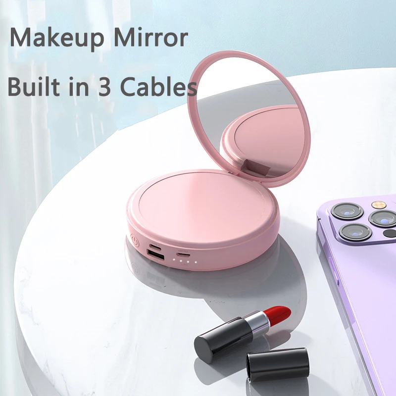 

20000mAh Mini Power Bank Makeup Mirror Powerbank Portable Charger Built in Cable External Battery Pack Backup Bateria for IPhone