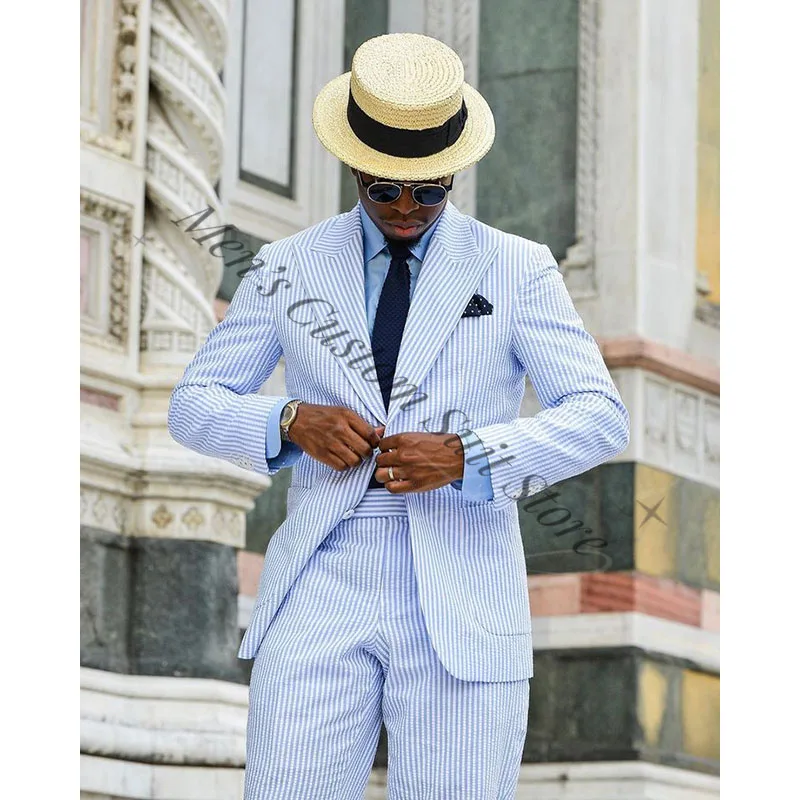 

Seersucker Men's Suits Summer Casual Wear 2 Pieces Jacket+Pants Peaked Lapel Two Buttons Wedding Groom Prom Male Formal Blazer