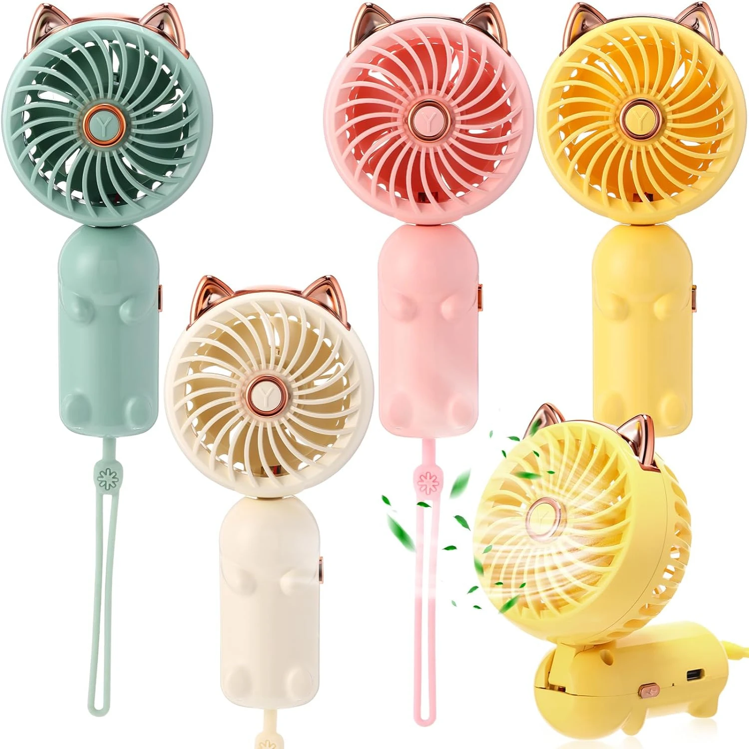 

Set of 4 cute and lightweight mini handheld fans for stylish ladies - Compact personal eyelash fans with attached lanyard - Idea