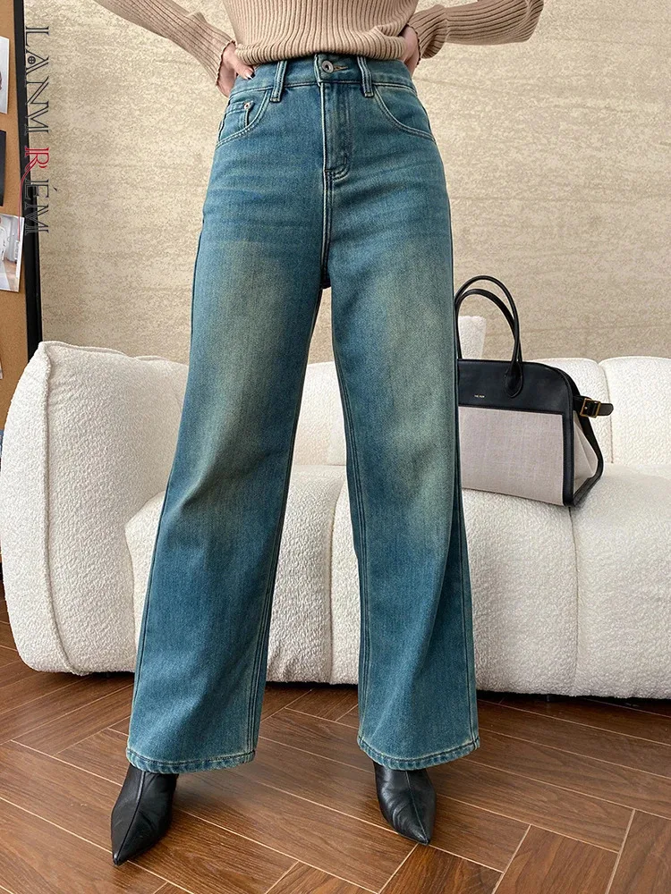 

[LANMREM] Washed High Waist Jeans For Women High Waist Straight Wide Leg Denim Pants Thick Warm Trousers 2024 Winter New 26C1227