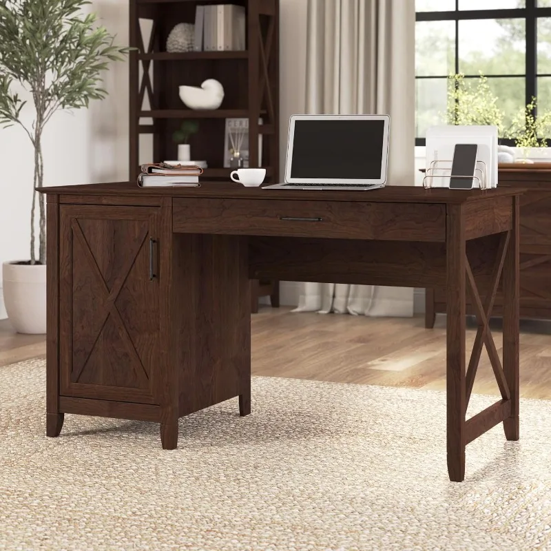 Key West Computer Desk with Storage | Farmhouse PC Table for Home Office in Bing Cherry | 54W x 24D