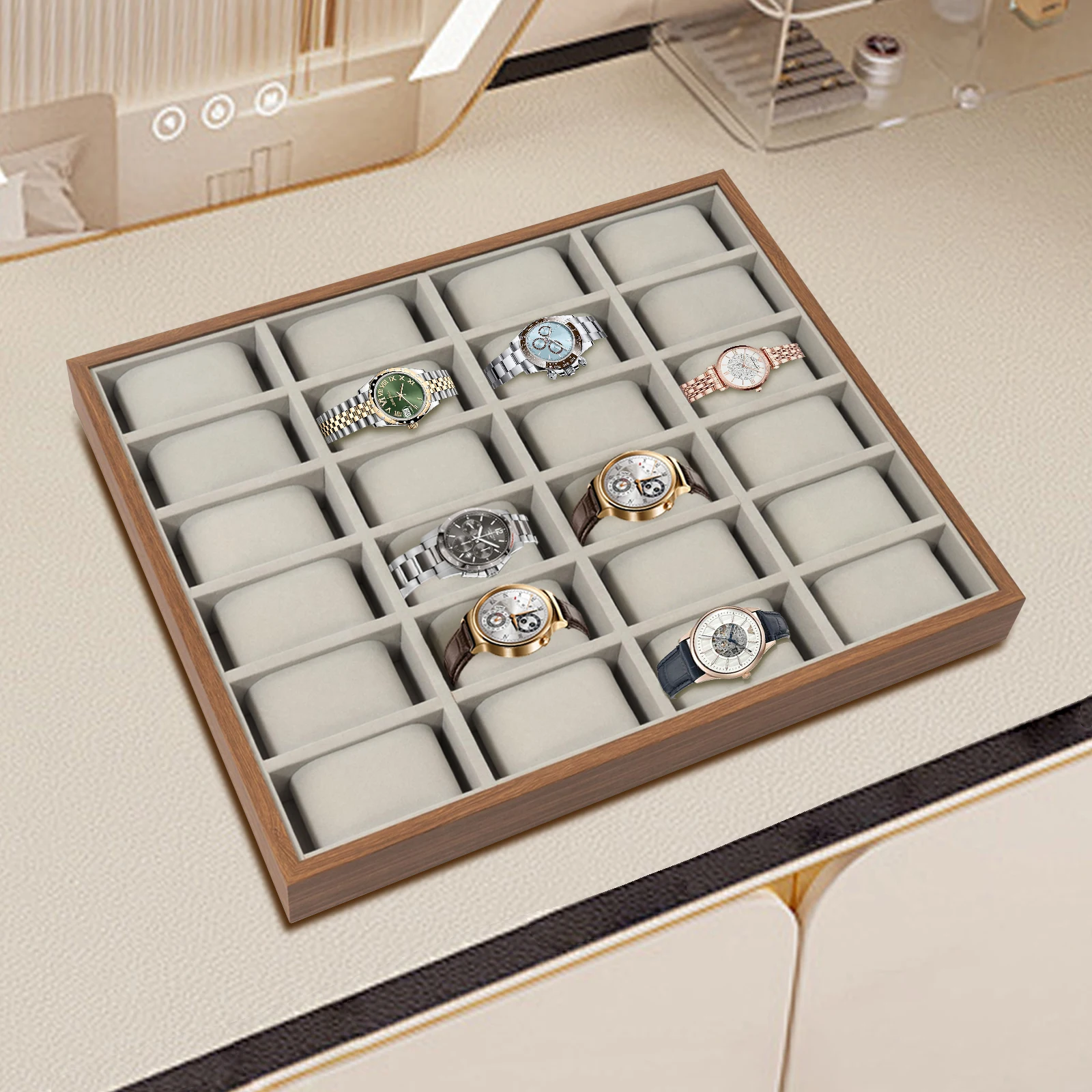 Tablero de densidad de nogal gris, 40x33x4,5 cm, 24 cajas de reloj, soporte de exhibición semiabierto, caja de almacenamiento de almohada de reloj desmontable