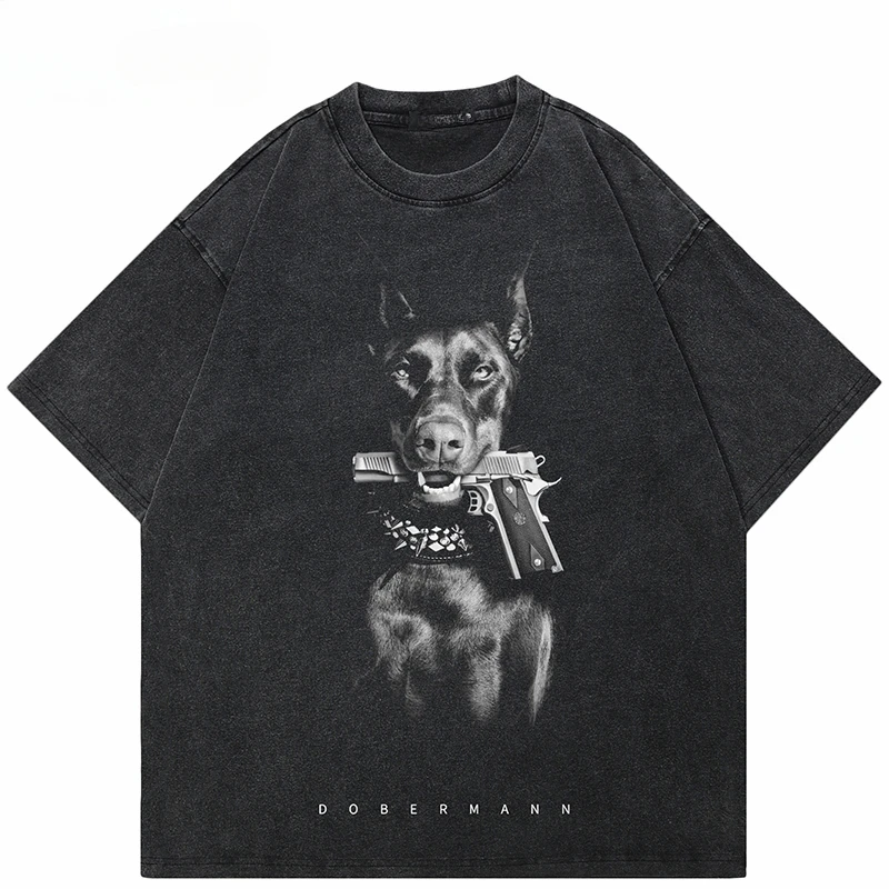 Hip Hop Vintage Washed Black T-Shirt Streetwear Doberman Dog Gun Graphic T Shirt Cotton Unisex Tshirt Men Tops Tee Hipster