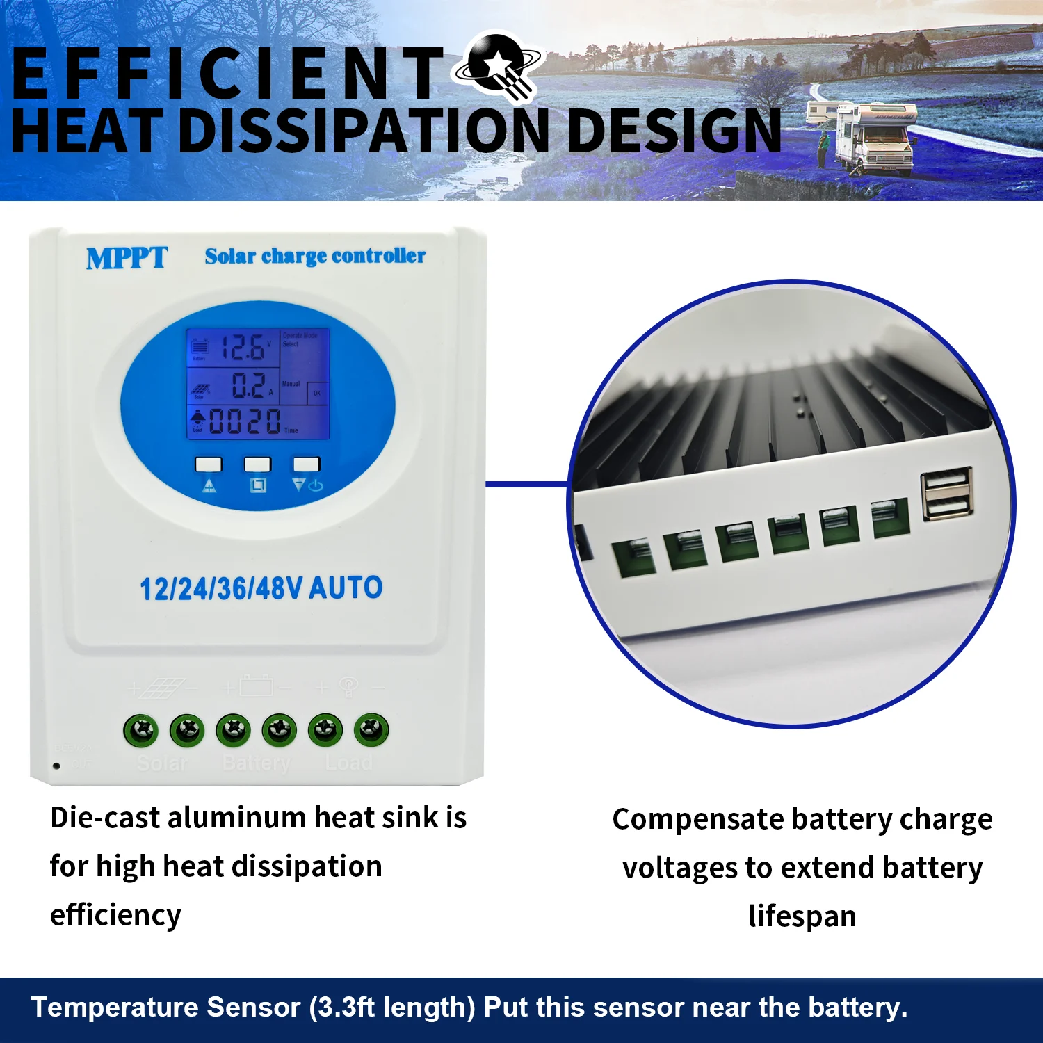 POWLSOJX MPPT Solar Controller with Real-Time LCD Monitoring, 7 Modes & Multi-Voltage Support - Safe & Reliable Power Management