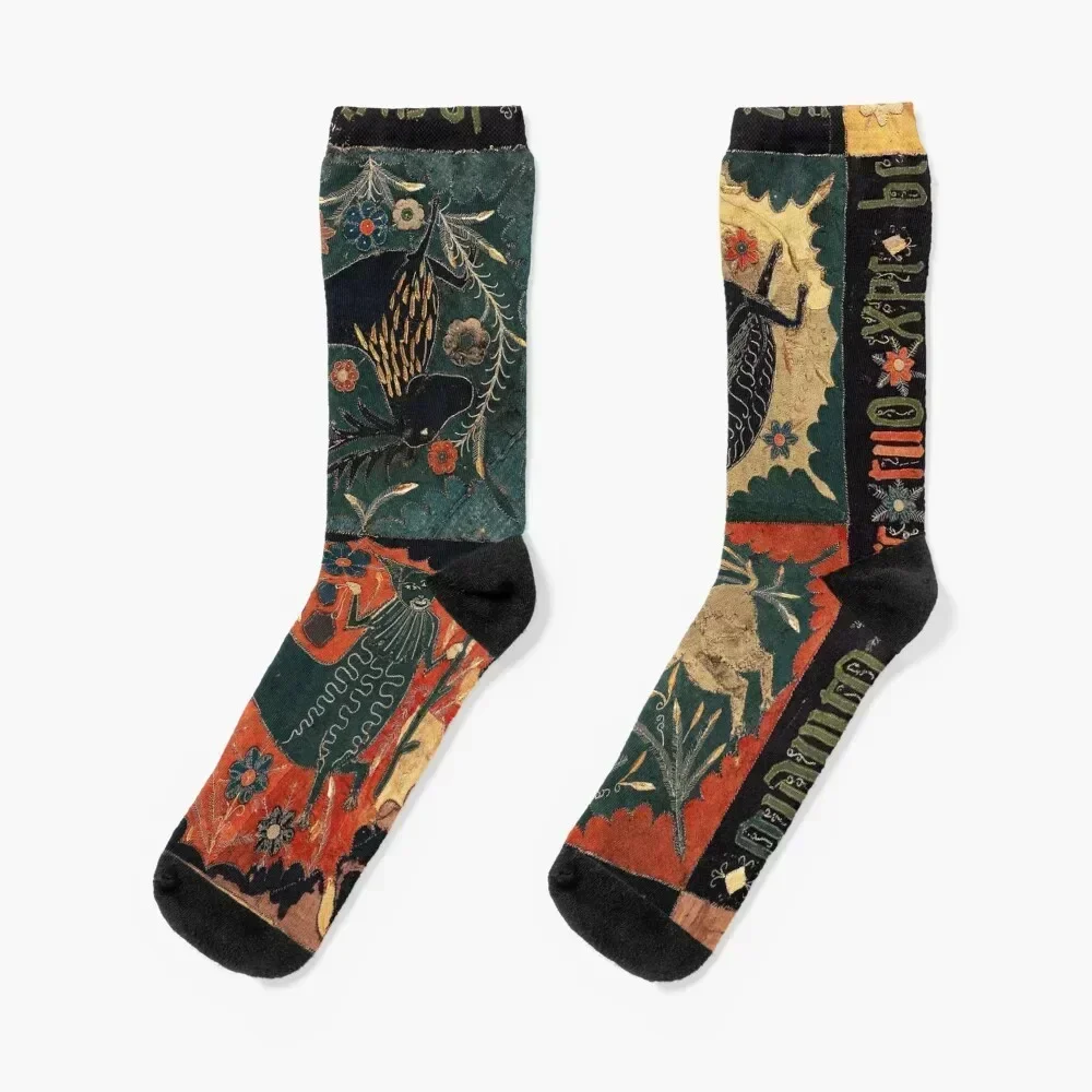 

MEDIEVAL BESTIARY, DEER, UNICORN,CENTAUR AND LION Red Blue Antique Scandinavian Embroidery Socks