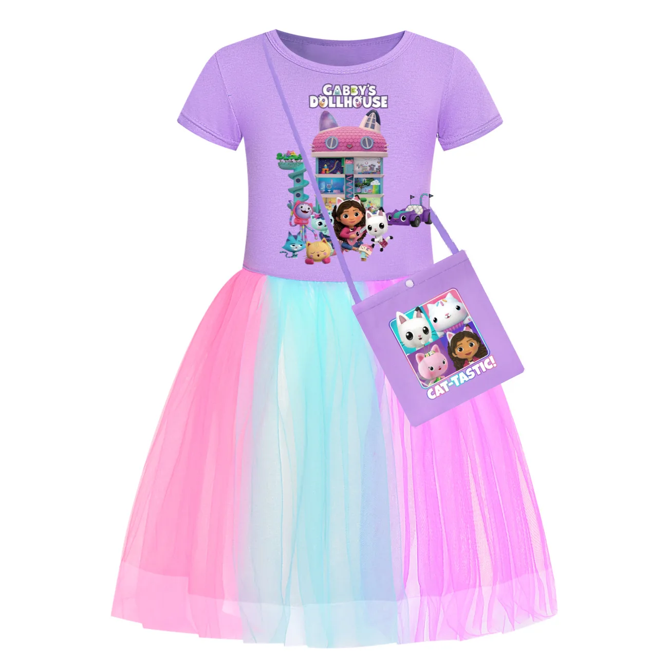 Gabbys Doolhouse trajes cosplay para meninas, vestidos casuais para crianças, vestido de princesa para o bebê, festa infantil, bolsa incluída, chat, verão