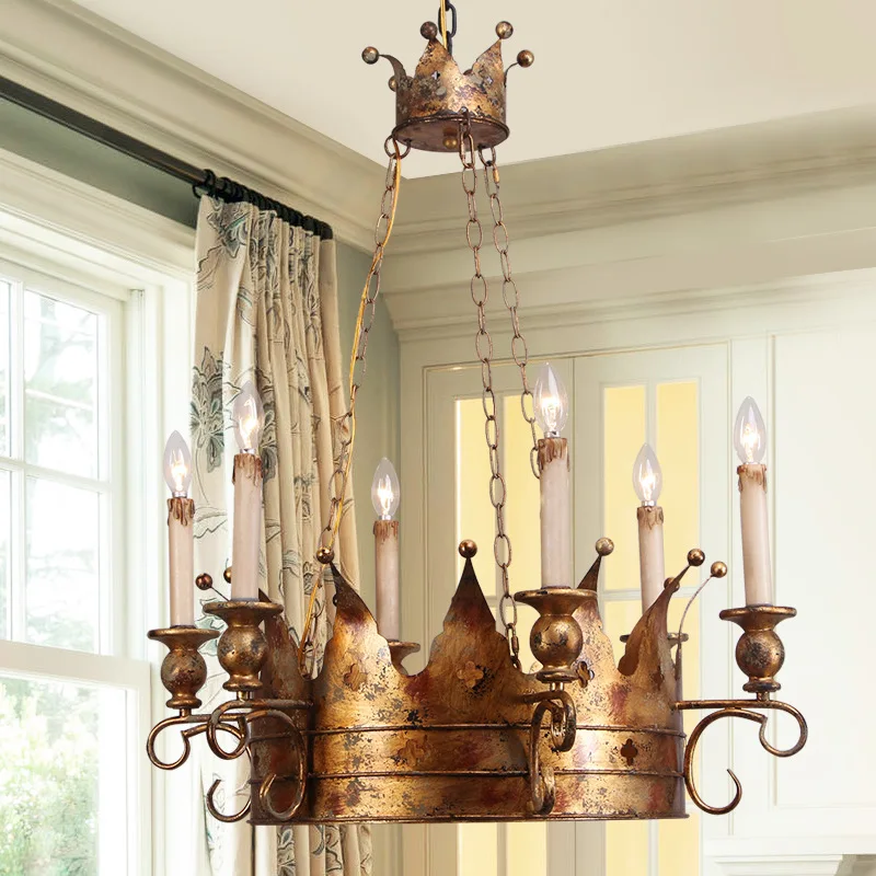 American retro chandelier made of iron craftsmanship, antique lamp, personalized crown chandelier, princess room decorative lamp