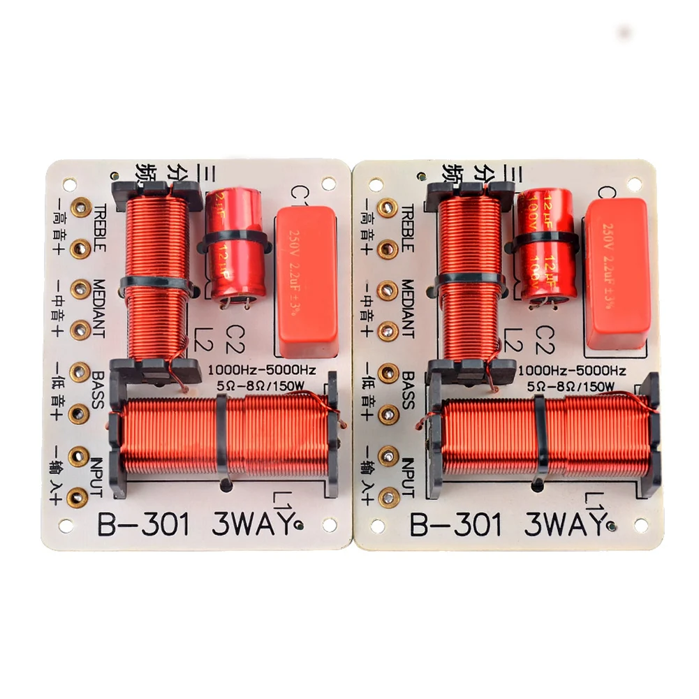 AY03-2Pcs 150W 3 Way Audio Speaker Crossover Treble + Midrange + Bass Crossover Speaker Filter Pembagi Frekuensi 1000 5000Hz