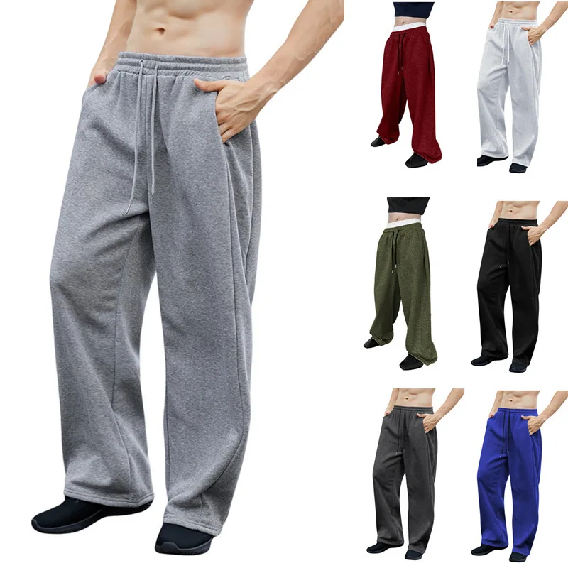 Calça de moletom masculina de cor sólida 2025 com cordão perna reta perna larga solta ajuste com bolso calças esportivas multifuncionais