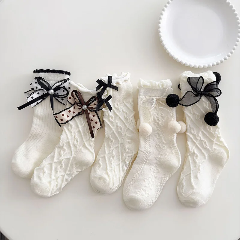 Lolita Girl White Socks Mesh Bow Calf Sock Children Lace Mid Tube Socks Spring Summer Kids Bow Stockings fit Foot Length 13-15cm