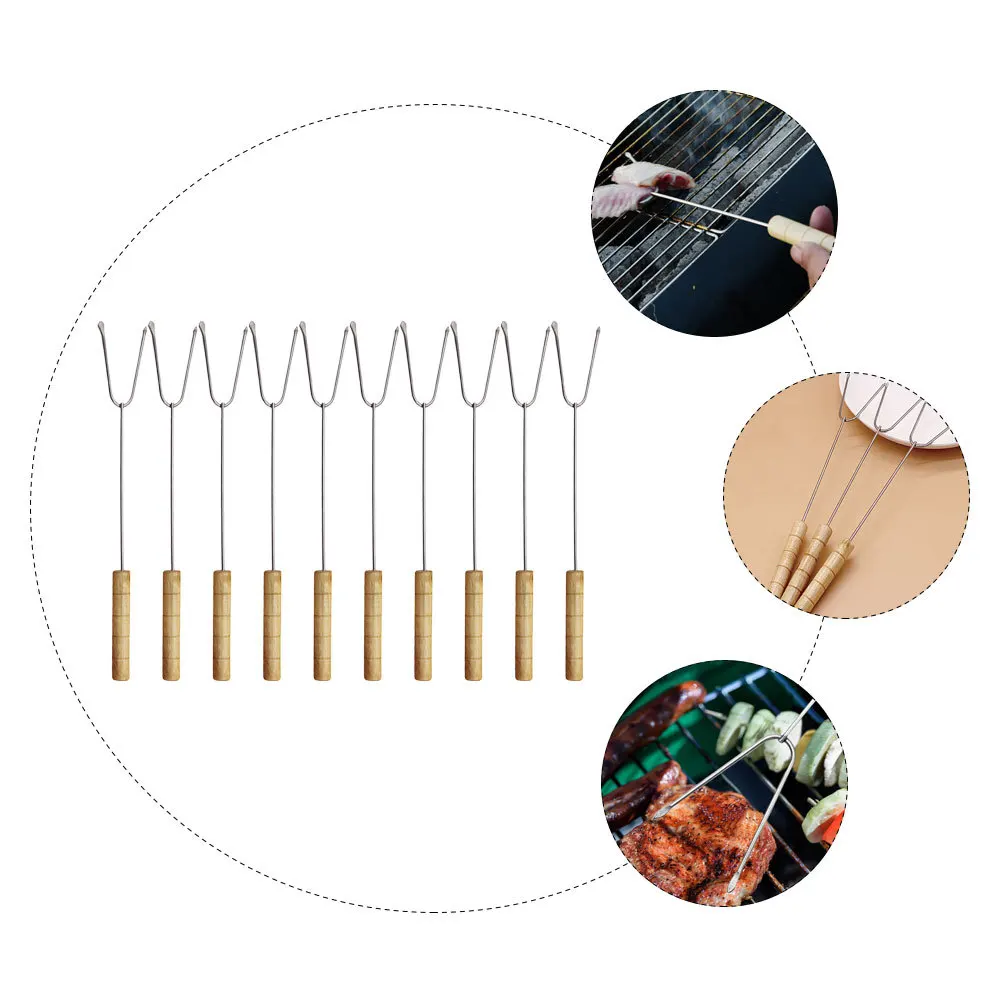 

10pcs Barbecue Skewers Reusable Grill Forks Portable Roasting Sticks Plastic Handles Prevent Food Falling Dishwasher Safe For