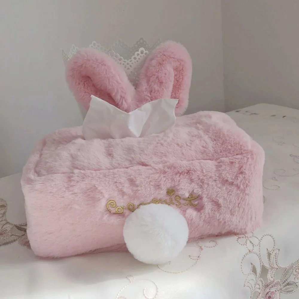 1pc Tissue Cover Cute Pink Plush Rabbit Tissues Storage Box Home Decoration Toilet Paper Holder Napkin Case