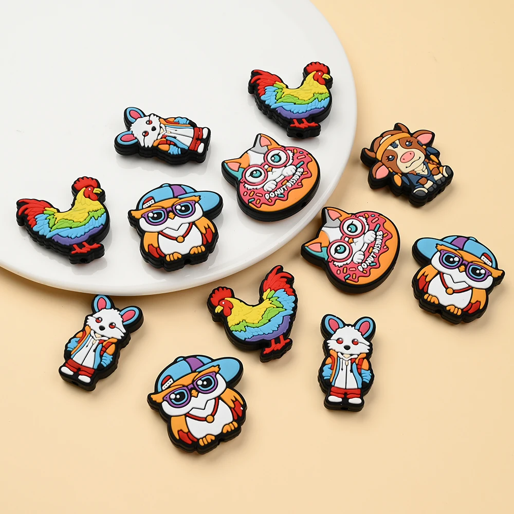 5Pcs Animal Silicone Beads Cow Chicken Rabbit Cat Owl Shape For DIY Pacifier Chain And Baby Molar Necklace Making jewelry making
