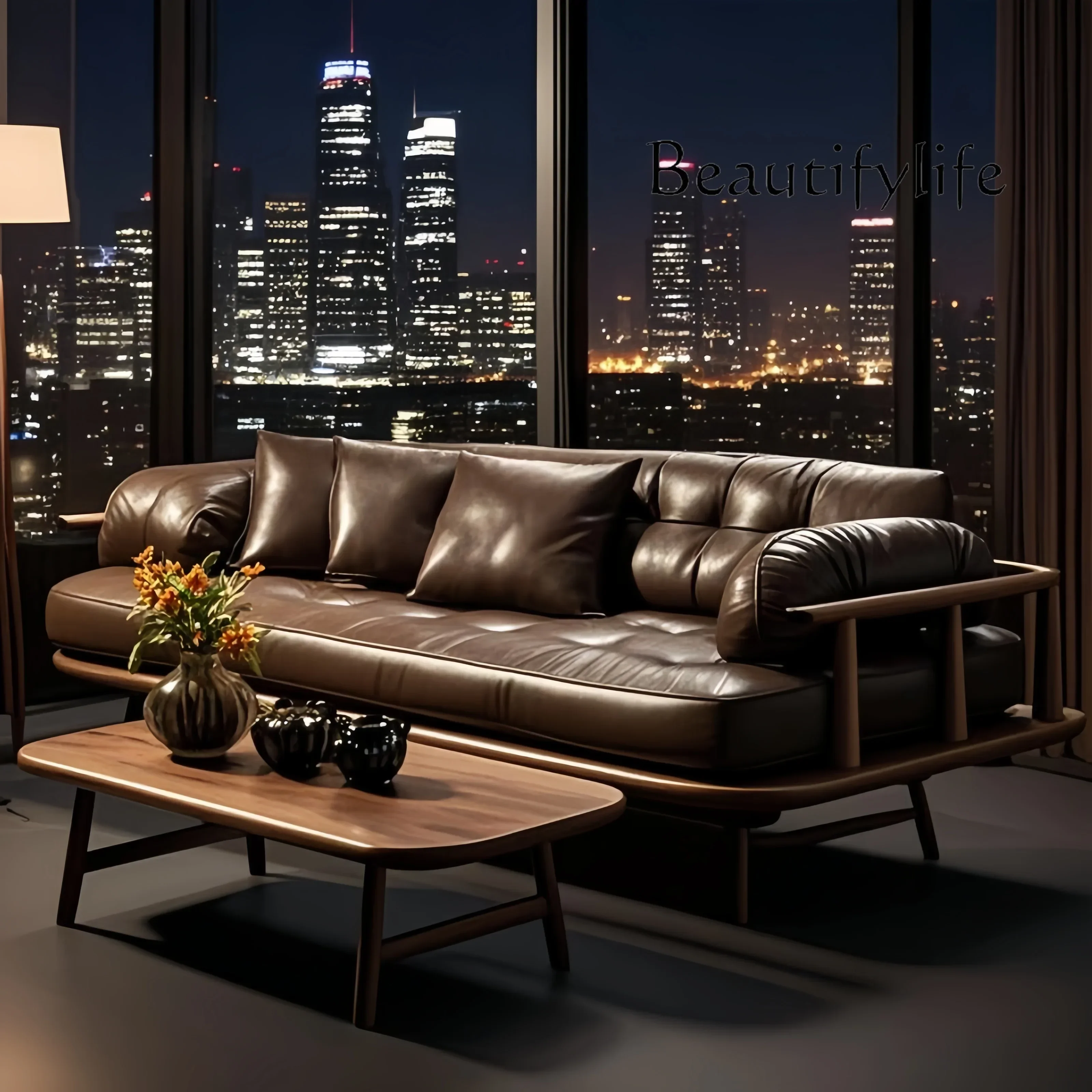 

BJ Small Apartment Home Style New Minimalist Sofa Walnut Solid Wood Three-person Straight Sofa