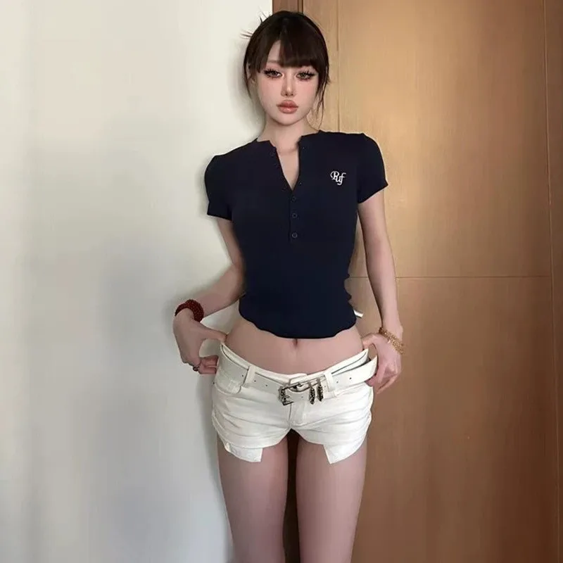 Sexy V-neck Korean Fashion Crop Tops Women Bottons Slim Y2K T-shirts Vitnage Kpop Cute Tees Shirts Cheap Clothes Woman Tshirts