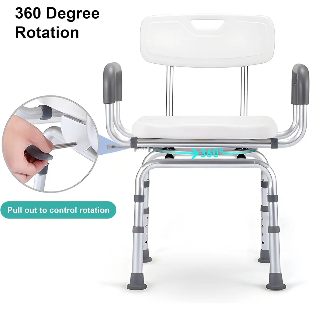 360 Degree Shower Chair Swivel,Portable Seat with Armrests and Back, Adjustable Height Seat for Bathtub (White1)