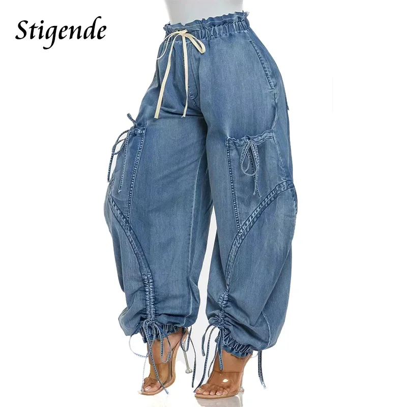 Drawstring Loose Fit Hip Hop Cargo Jeans Women Baggy Harem Denim Pants with Multiple Pockets