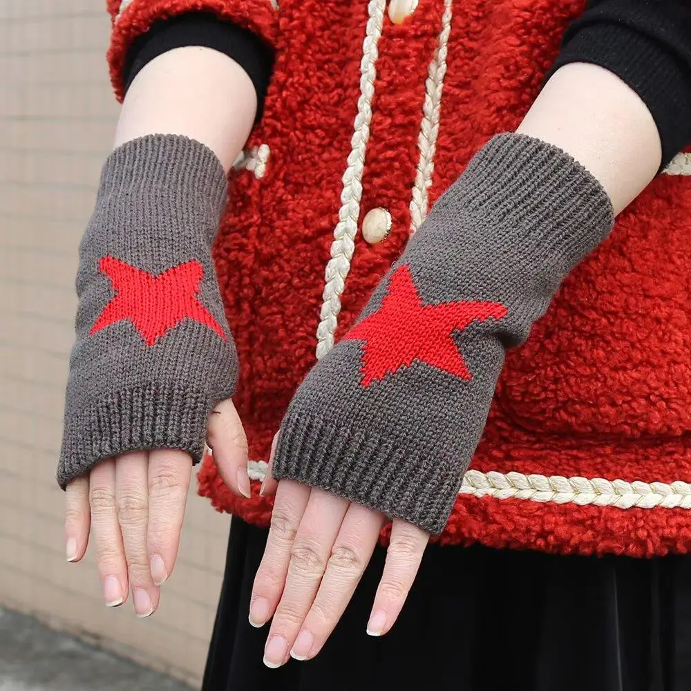 2024 Punk Y2K Star Knitted Woolen Gloves For Men Women Pentagram Half Finger Warm Soft Mitten Soft Star Hand Fingerless Gloves