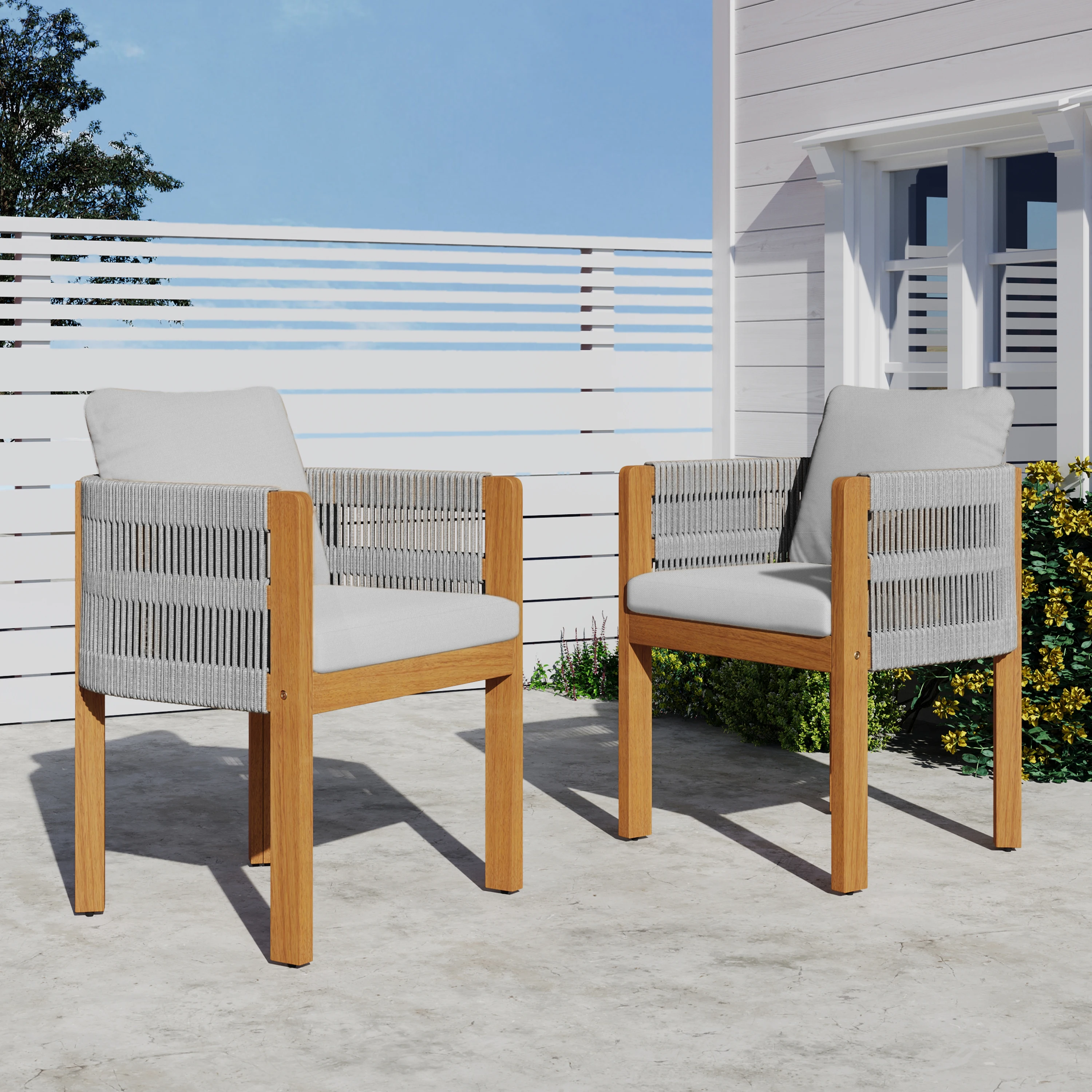 ！@Modern Wood Outdoor Dining Chairs 2-Pack with Grey Rope Handles Washable Waterproof Cushions for Home Office