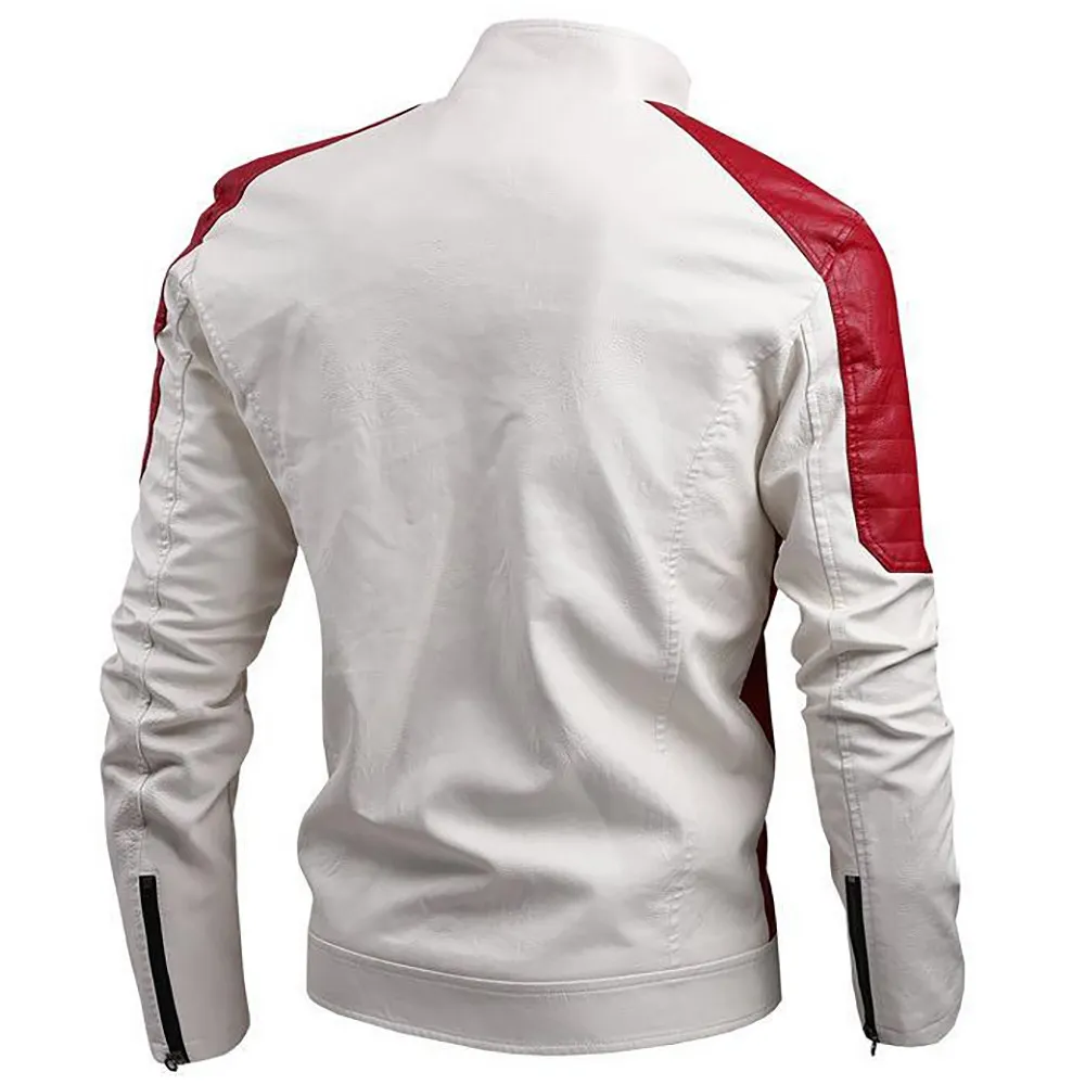 Men Leather Jacket Motorcycle Biker Jacket Stand Collar Retro Warm Stitching Casual Riding
