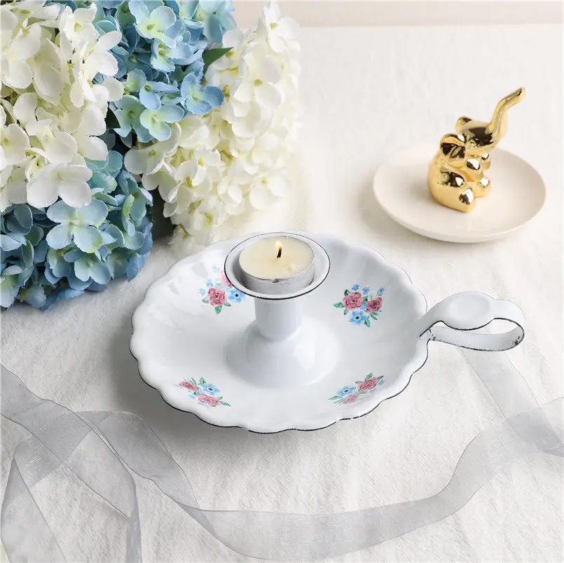 Vintage European Enamel Candle Holder: Floral Design with Rustic Charm