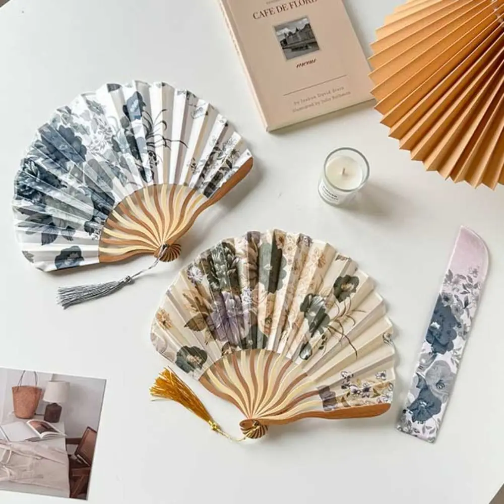 New Chinese Style Hand Fold Fan Woman Men Portable Silk Flower Folding Fan Dance Props Bamboo Wood Retro Shell Fan