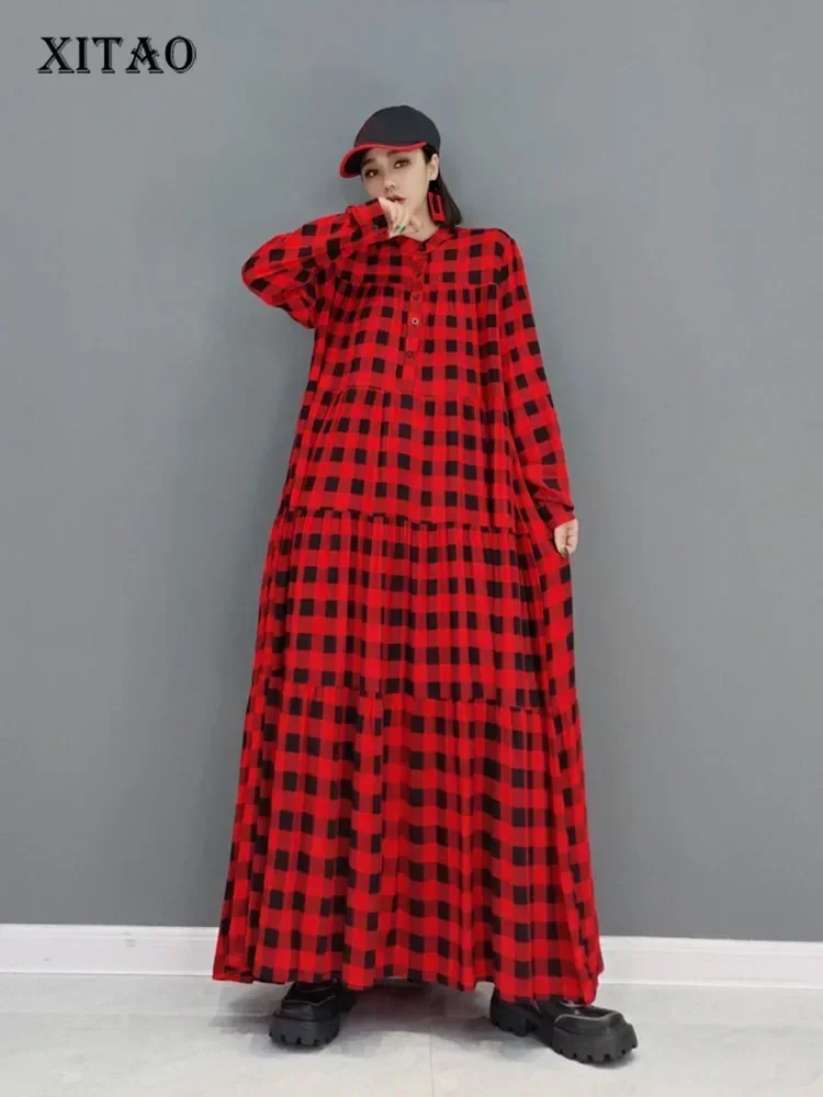 XITAO Plaid Pleated Pullover Dress Women 2025 Spring New Personality Fashion Loose Half High Collar Full Sleeve Dress GWJ0734