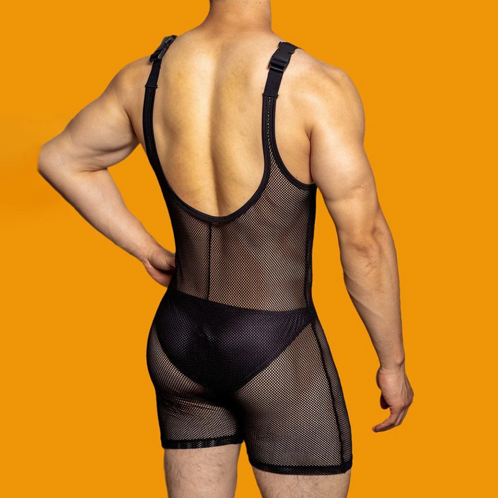 Mens sexy tight-fitting solid color mesh see-through jumpsuit shaping breathable sexy suspenders home underwear for men