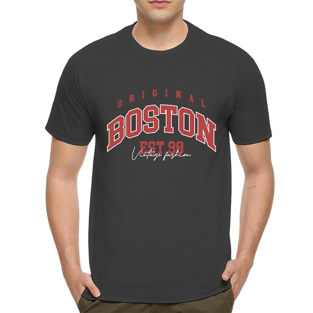 Mens 100% Cotton T Shirt Original Boston EST 98 Vintage Varsity Letter Print Breathable Short Sleeve Casual Daily Tee