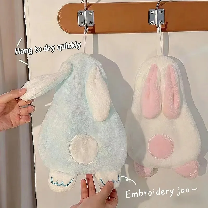 1PC Cute Rabbit Pattern Soft Coral Fleece Hand Towel Thick and Absorbent Material Hanging Hand Towel Bathroom and Kitchen Towel