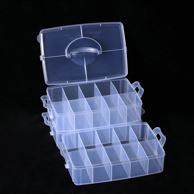 صندوق مجوهرات بلاستيكي شفاف قابل للتكديس ، علبة تخزين ، حاوية مع فواصل قابلة للتعديل ، 3 طبقات ، منظم الخرز ، 30 شبكة