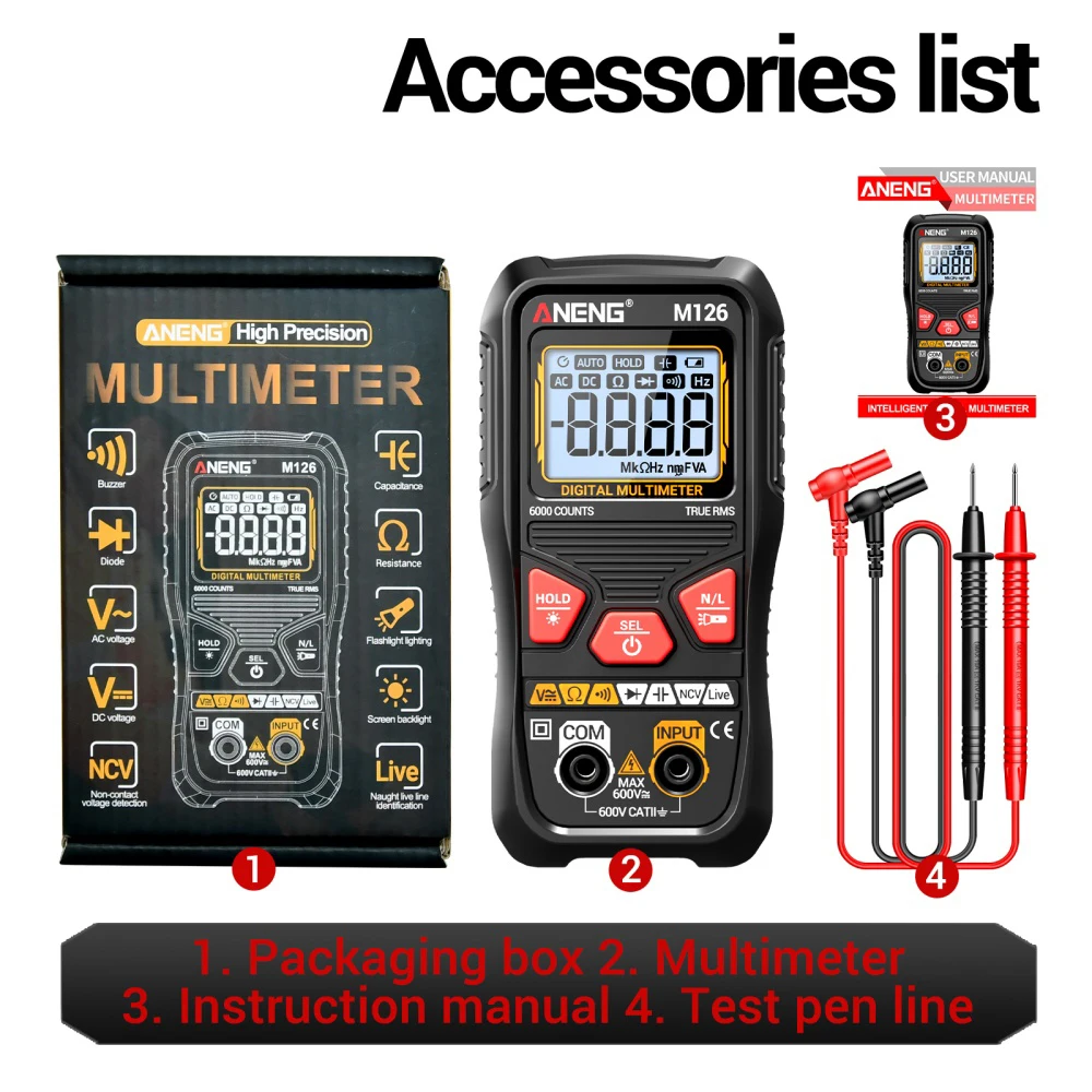 M126 Digital Multimeter AC DC 600V Voltage Capacitance Resistance Live Wire Diode Tester 6000 Counts Automatic Detect Meter