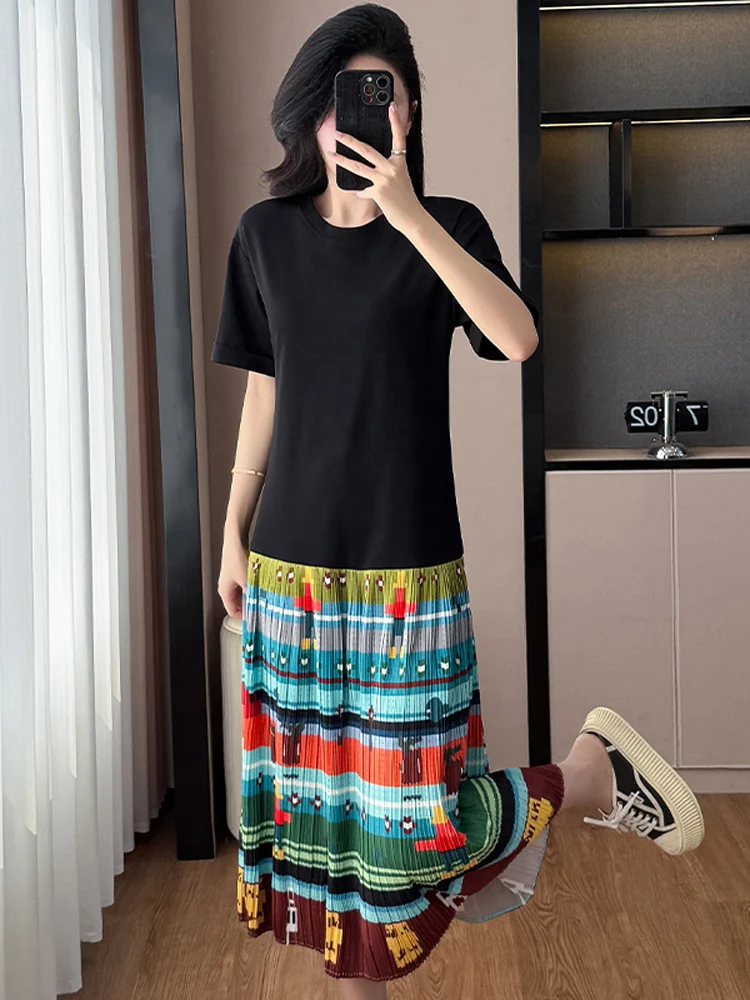 NYFS 2025 الكورية نمط المرأة فستان صيفي فضفاض حجم كبير الربط طباعة هيم قصيرة الأكمام فستان طويل رداء Elbise