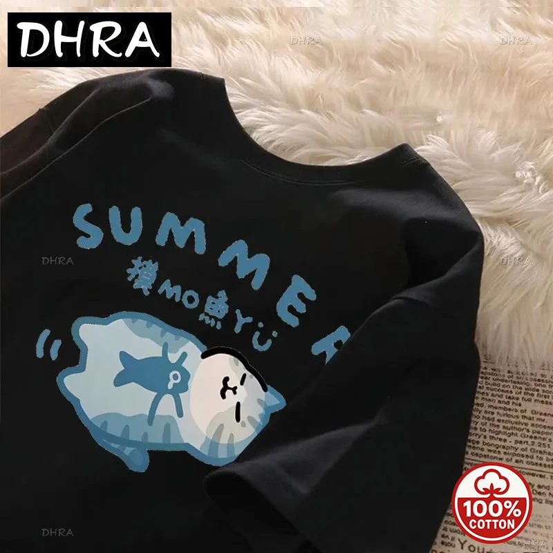 

Japanese Cartoon Fashion Retro Trend Fun Cute Fish Sleeping Kitten Print Fashion Couple Loose Casual Top Lady Graphic T-shirt