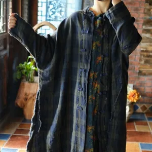 Johnature-Trench Vintage-Leinenmantel für Frauen, Blumendruck, Knopf, Kragen O, langer Geruch, Frühling, neuer chinesischer Stil, 2024 10 Hauptverkaufsmantel Major Early Floral - №8