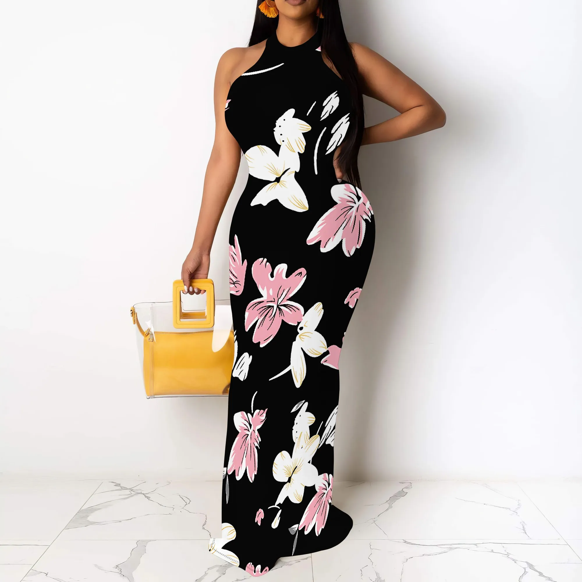 

Sleeveless Maxi Dress Black Base Pink White Lily Print Romantic Floral Look for Vacation or Date