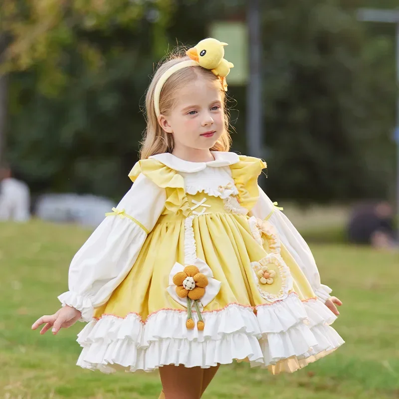 2024 Princess Lolita Dress for Girls Yellow Duck Layered Dresses for Kids Spanish Velvet Winter Autumn Children Infant Vestidos