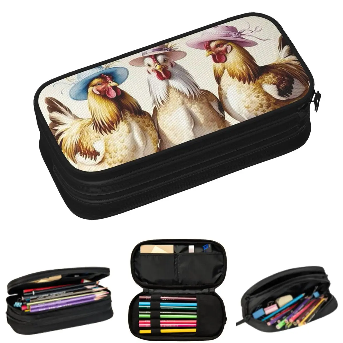 

Cute Rooster And Hen With Sunglasses Pencil Cases for Student School Pen Box Pencil Bag Large Storage Pencil Pouch