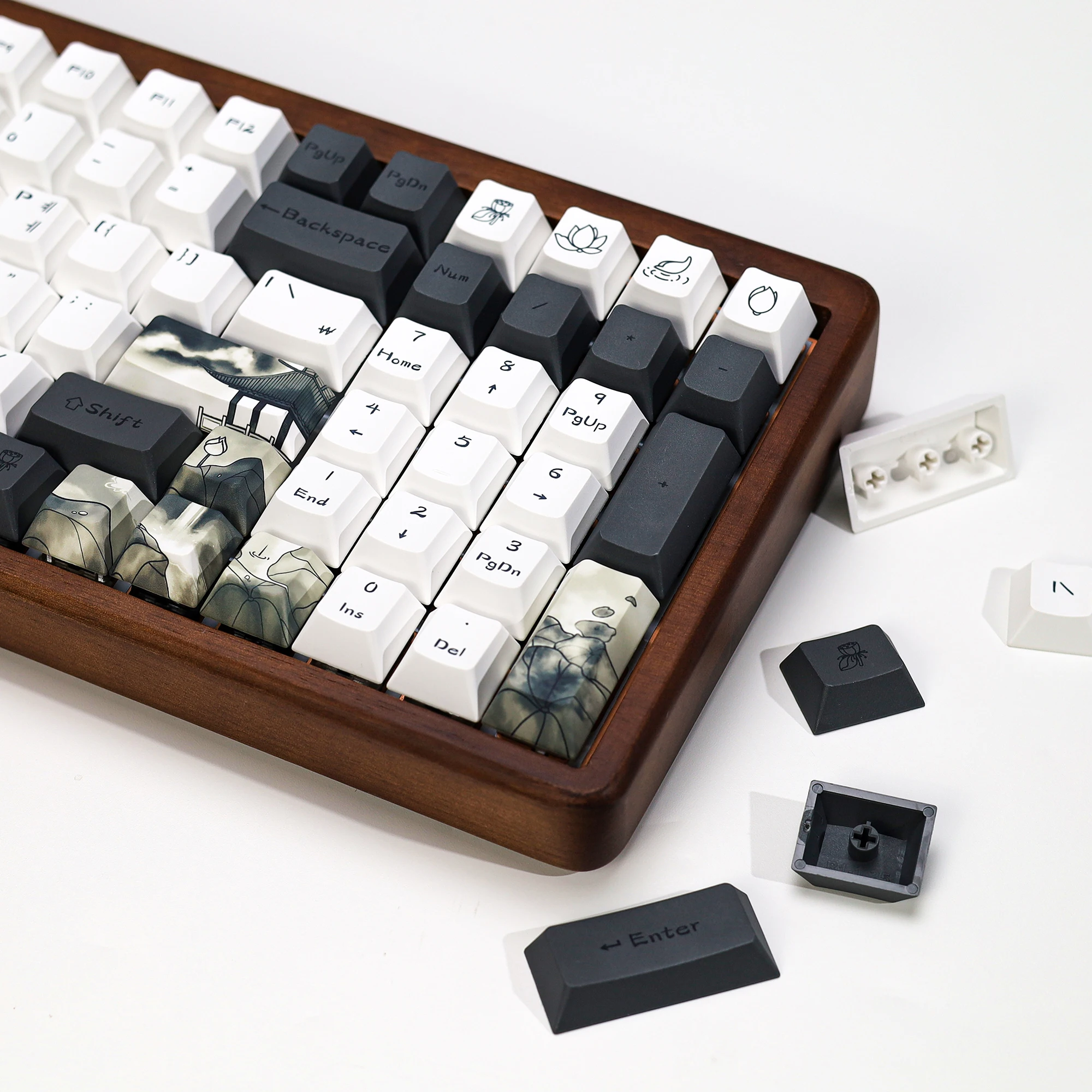 KBDiy Ink Lotus Keycap Cherry Profile Korean Keycaps PBT for Mechanical Gaming Keyboard DIY 142 Keys Aula F75 F87 F99 Key Caps