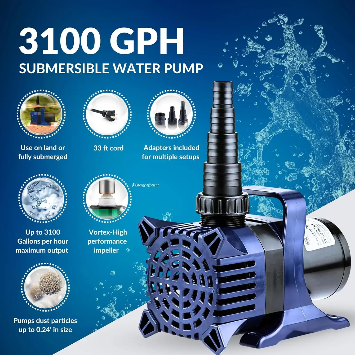 

3100 GPH Submersible Water Pump with 33 FT Cord for Ponds, Fountains, Waterfalls & Water Circulation – Energy-Efficient