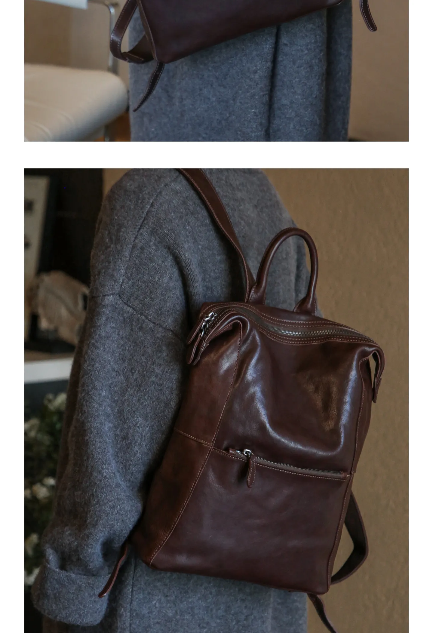 PNDME einfacher Vintage-Rucksack aus hochwertigem echtem Leder für Damen, lässiger, luxuriöser Schulrucksack aus pflanzlich gegerbtem Rindsleder für den täglichen Gebrauch. – Detail 8