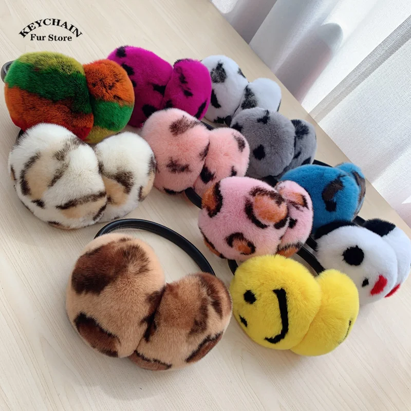 2024 Leopard Ear Muffs for Women Winter Earwarmers Soft Warm Furry Real Rex Rabbit Ear Covers for Cold Weather Fur Eramuffs