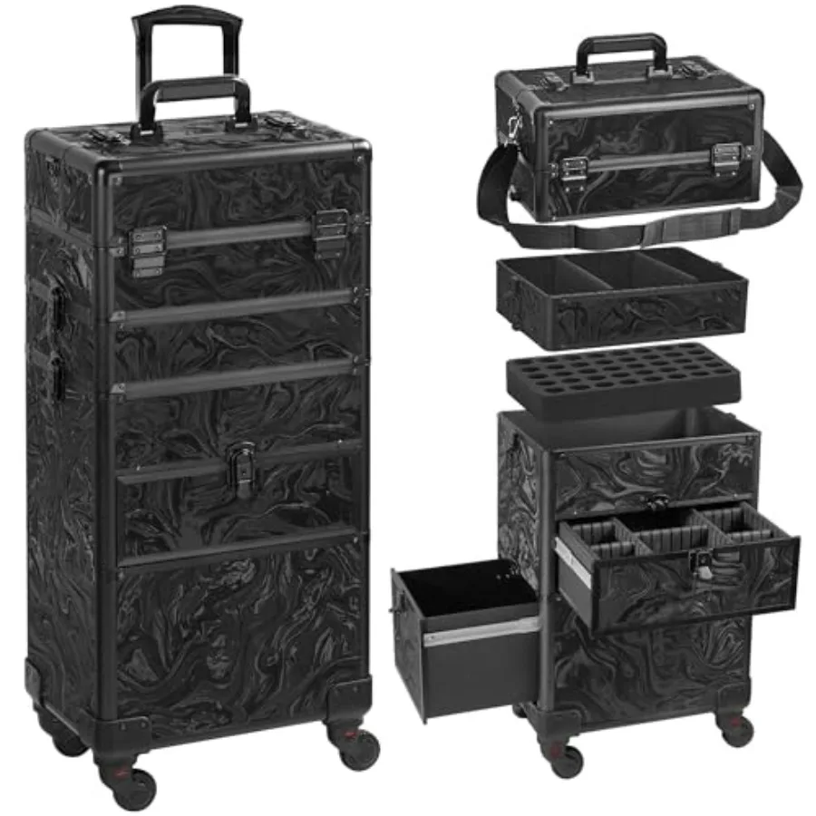

Rolling Makeup Case with Drawer for Salon Use, ABS Plastic, Black, 4-in-1 Expandable Design with Wheels and Lockable Lids