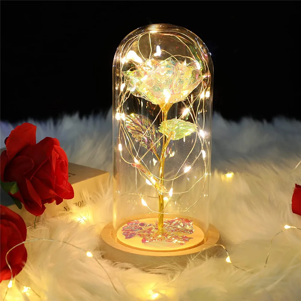 Mothers Day Flowers Gifts Colorful Artificial Flower Galaxy Rose with Led Light in Glass Dome Mothers Gifts from Daughter