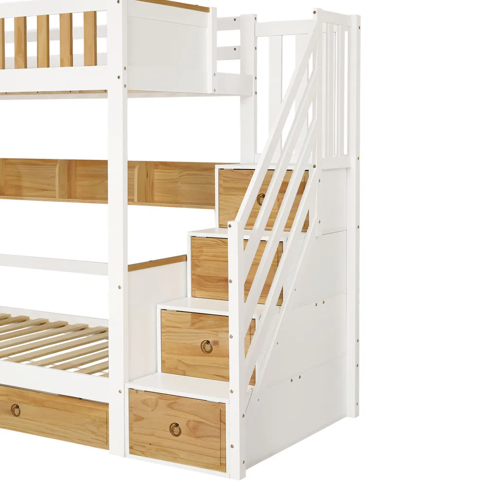PINGGO Weißes Naturholz-Etagenbett 90x200cm mit Stauraum-Treppe, 4 Schränken, 2 Schubladen, offenem Regal, Fallschirmgitter, Kiefer+MDF, ohne Matratze – Detail 26
