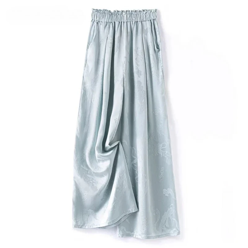 2025 Women's Fashion Early Autumn New 100% Natural Mulberry Silk GuanLe Satin High Waist Casual Aqua Blue Wide Leg Pants
