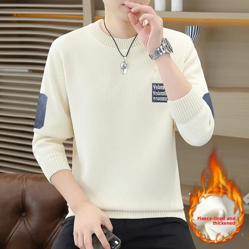 

Мужской утепленный трикотажный свитер с круглым вырезом, повседневный, из полиэфирного волокна, с длинными рукавами, мягкий, комфортный, теплый, зимний
