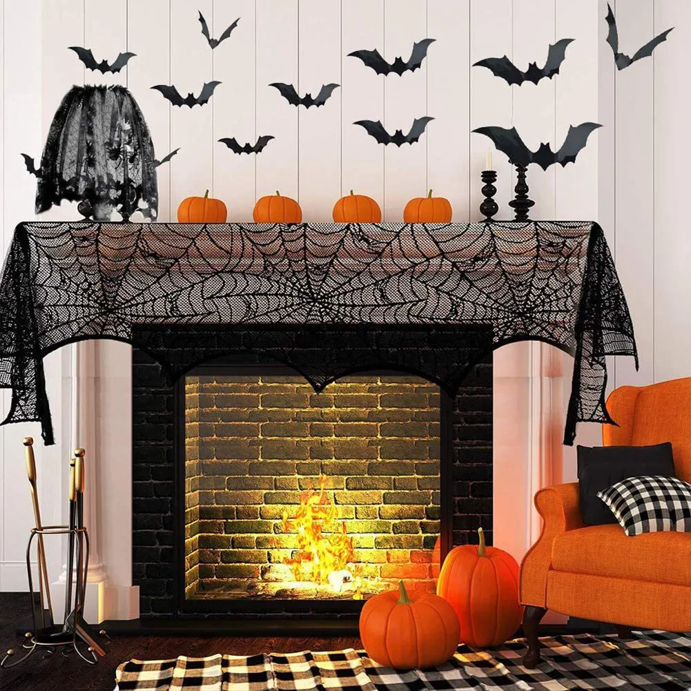 Halloween Lace Spiderweb Table Cover, Toalha de Mesa Redonda, Aranha Web, Lareira, 18 in por 96 in, 40 in, 2 unid