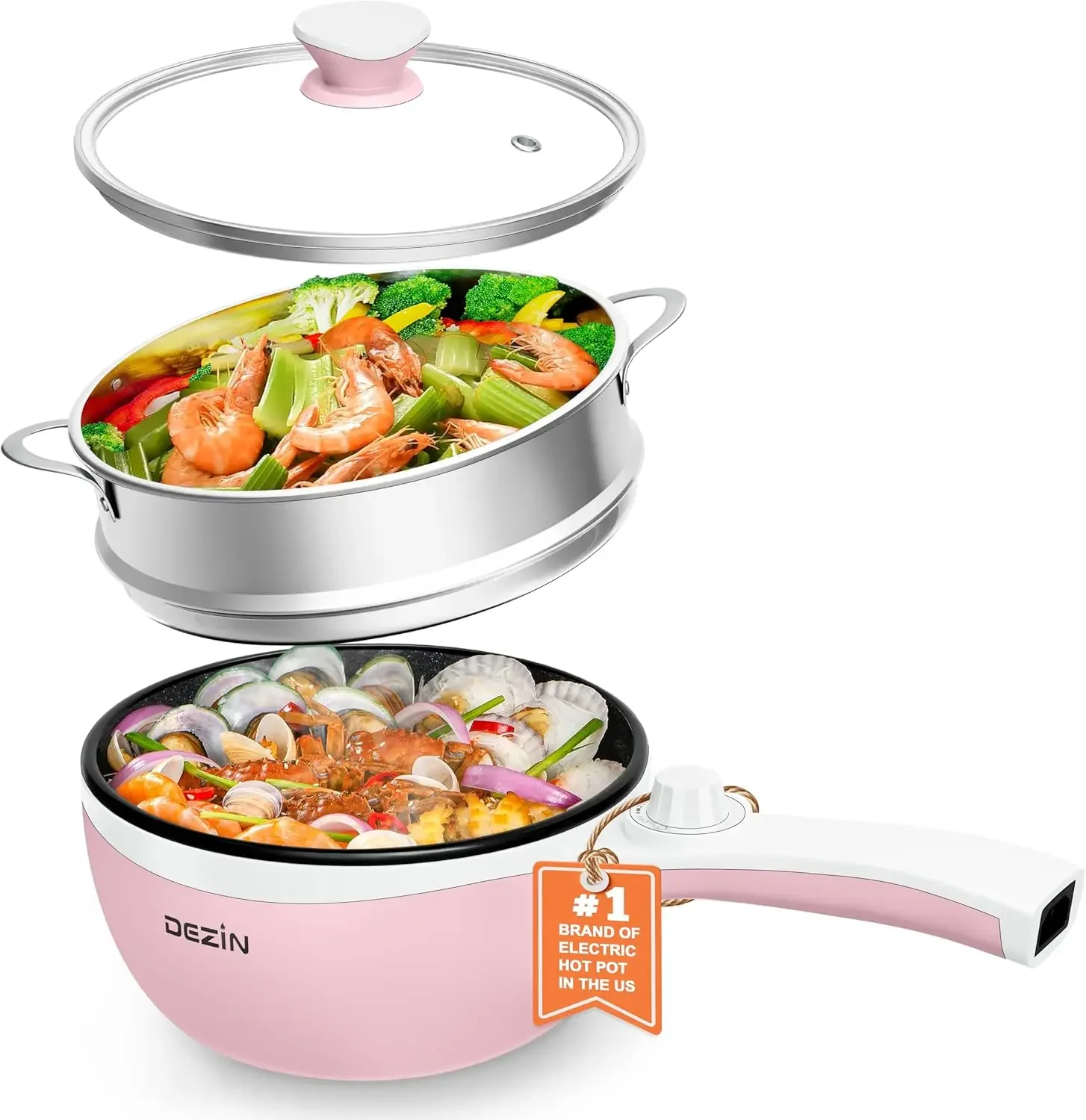 Dezin Hot Pot Electric with Steamer Upgraded, Non-Stick Sauté Pan, Rapid Noodles Electric Pot, 1.5L Mini Pot for Steak, Egg, Fri